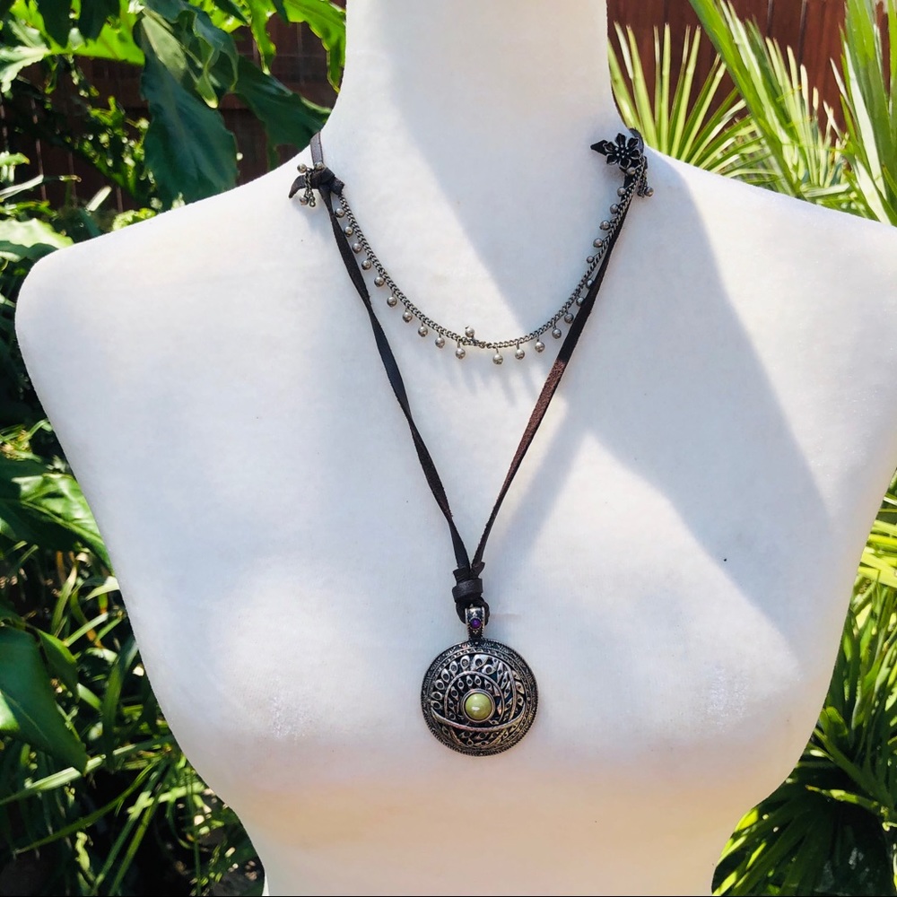 Vintage Lucky Brand leather medallion necklace